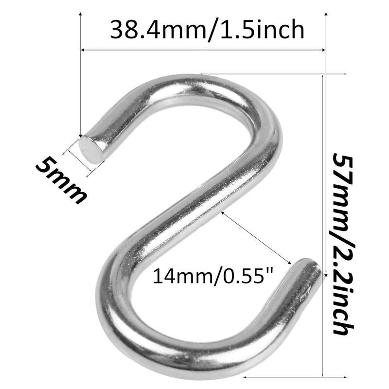 AUXBC 16PCS 2.2 Inch 304 Stainless Steel S Hooks, Heavy Duty M5 Hanging Hooks Metal S Shaped Hangers, Curtain Hanging Connectors S Shaped Utility Hooks - Image 2